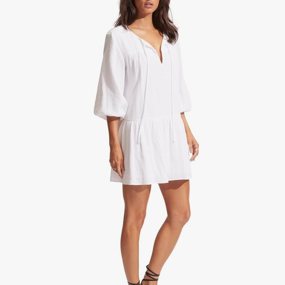 Seafolly White Mini Dress with V-Neck and Balloon Sleeves